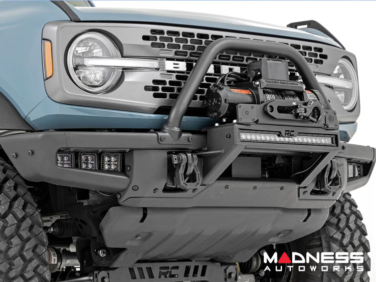 Ford Bronco Winch Mount - High Mount - OE Modular Bumper - Rough Country - PRO12000S Winch - Black Series White DRL LED